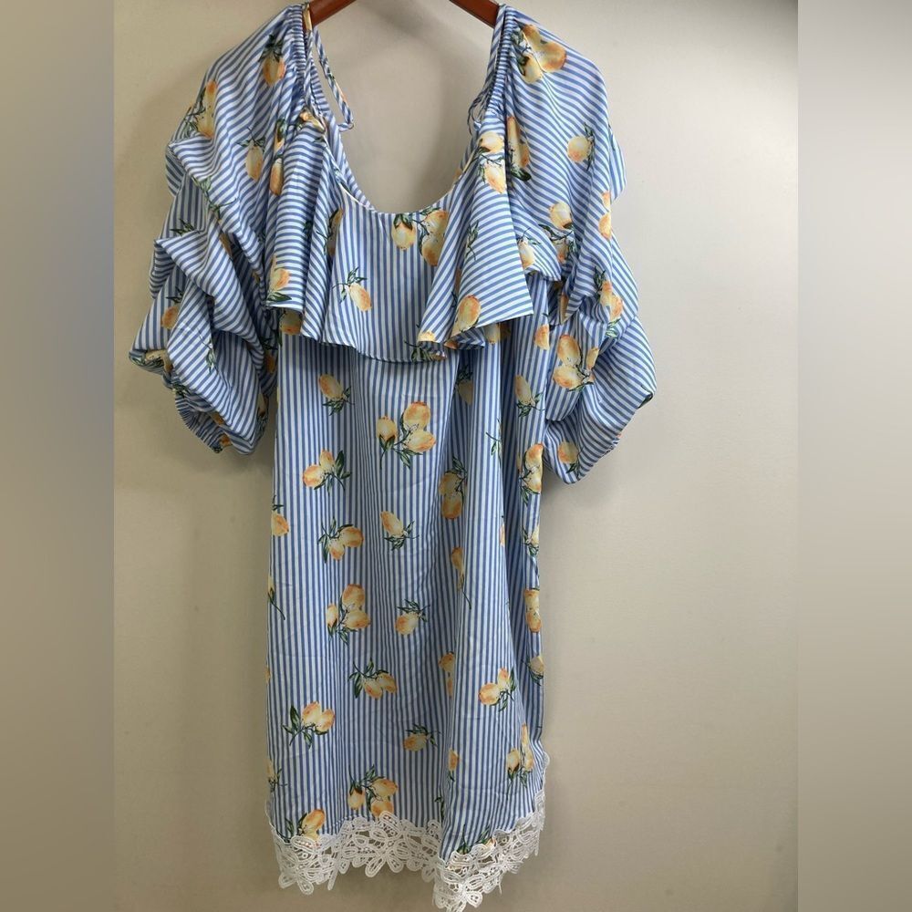 LOVE J  3x striped Lemon Off Shoulder Crochet Hem Tiered Sleeve Dress